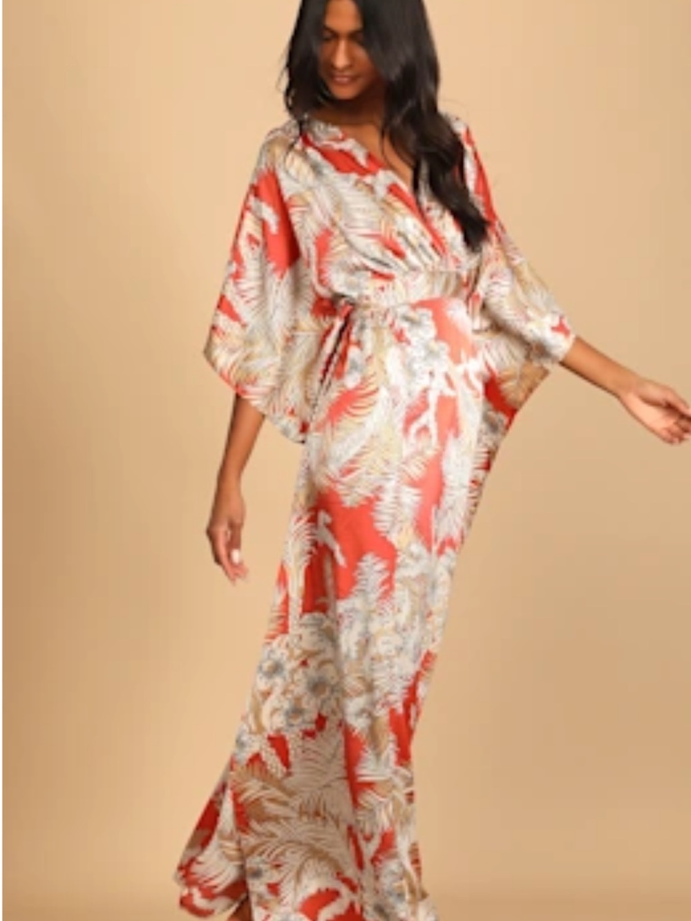 Lulu's Coral and Cream Tropical Print Maxi Dress